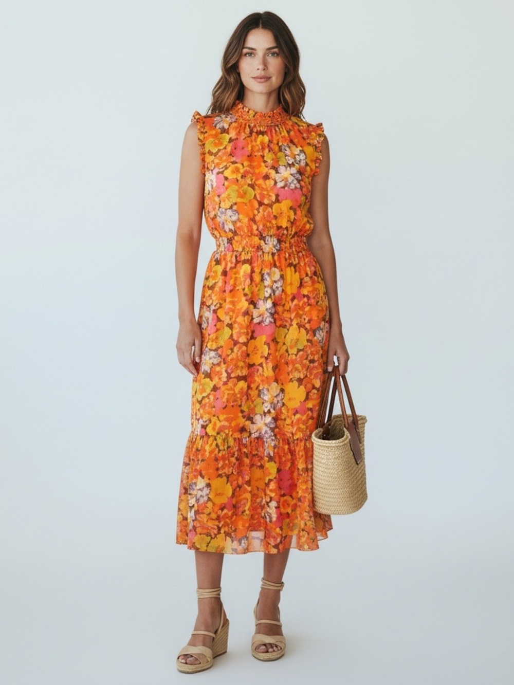 J Crew Smocked Waist Ruffle Sleeveless Maxi Flowy Orange Sunset Floral XXL NWOT